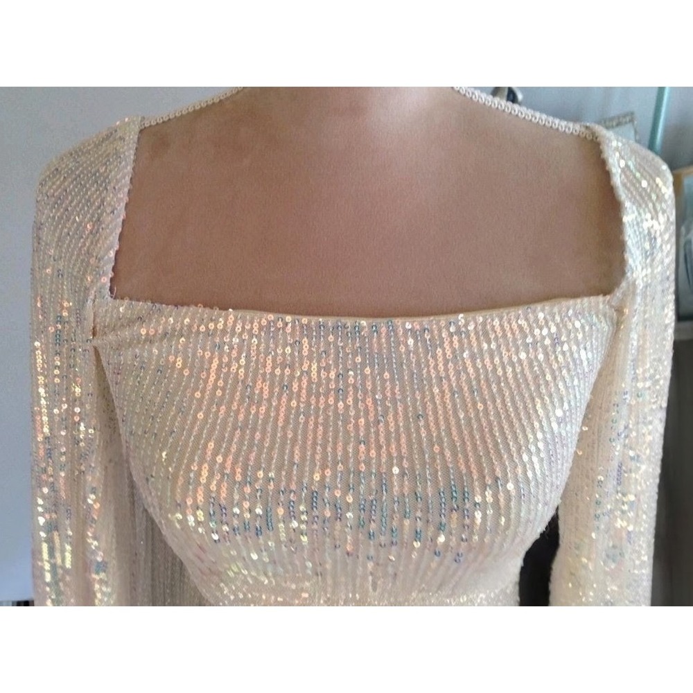 Lucy in the Sky large Sequin Long Sleeve Mini Dress Champagne Open Back HOCO - Picture 6 of 9
